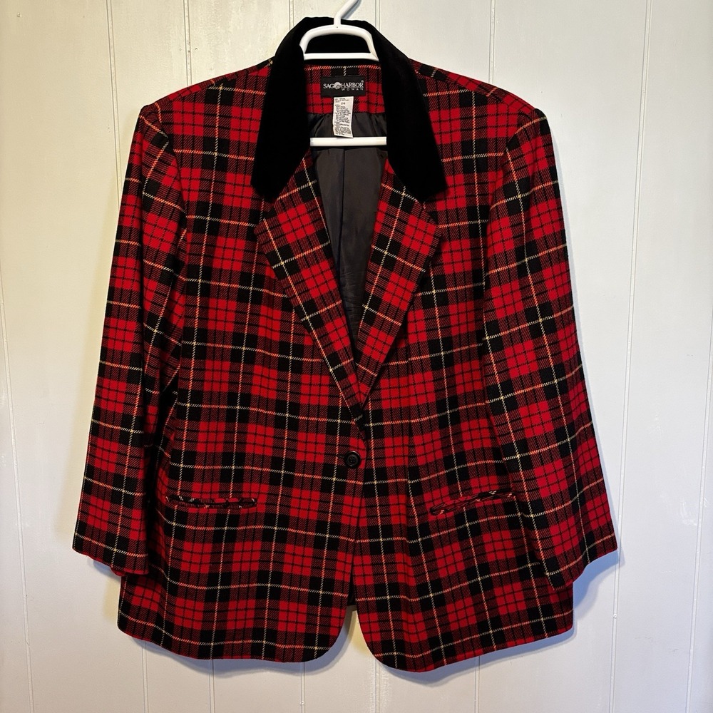 Sag Harbor Woman Plaid Blazer Womens 24 Wool Blend Red Tartan Velvet Collar